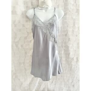 In Bloom Women’s M Blue Gray Short Satin Slip Nightgown Eyelash Lace